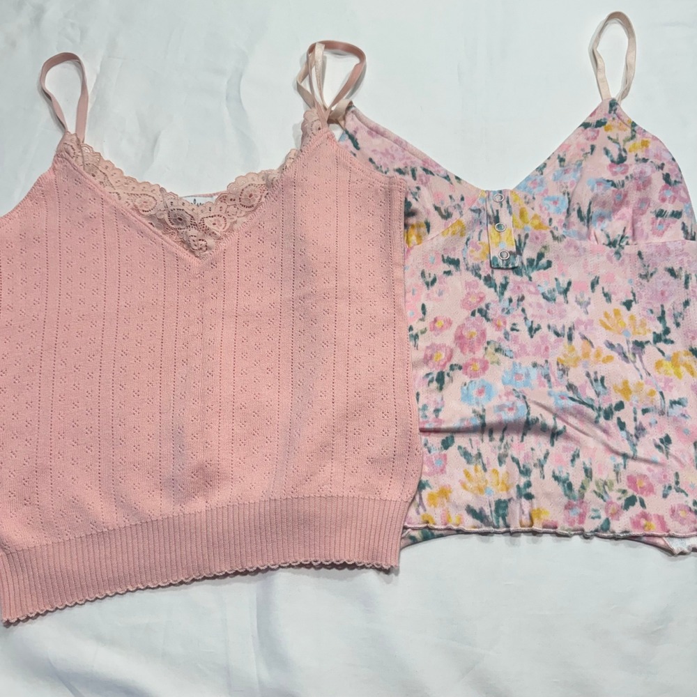 P.J. Salvage Camisole Set 2 Pointelle Lace Floral Henley Tank XS Pink Excellent